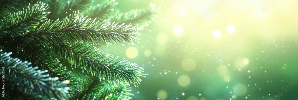 Festive Frosted Pine Branches with Sparkling Bokeh Lights, Holiday Background. Festive Frosted Pine Branches with Sparkling Bokeh Lights, Holiday Background.