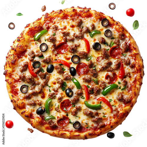 A Cheesy Pizza with Sausage Peppers and Olives Isolated on Transparent Background