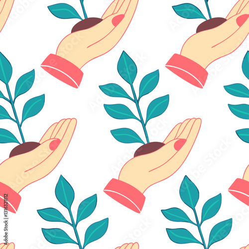 Hands holding small plant illustration, nurturing growth concept