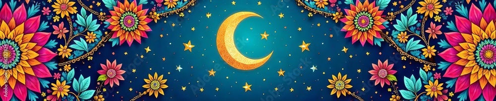 Naklejka premium - A colorful bohemian style greeting card with intricate Ramadan illustrations, illustration, Islamic, bohemian