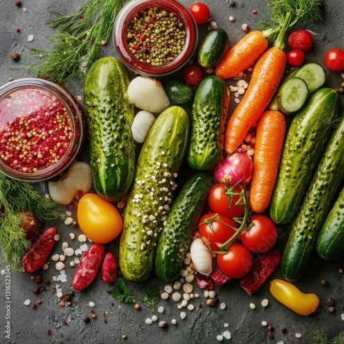 Wallpaper Mural Vibrant Assortment of Fresh Vegetables Pickles and Spices Ready for Pickling on a Dark Stone Surface Torontodigital.ca