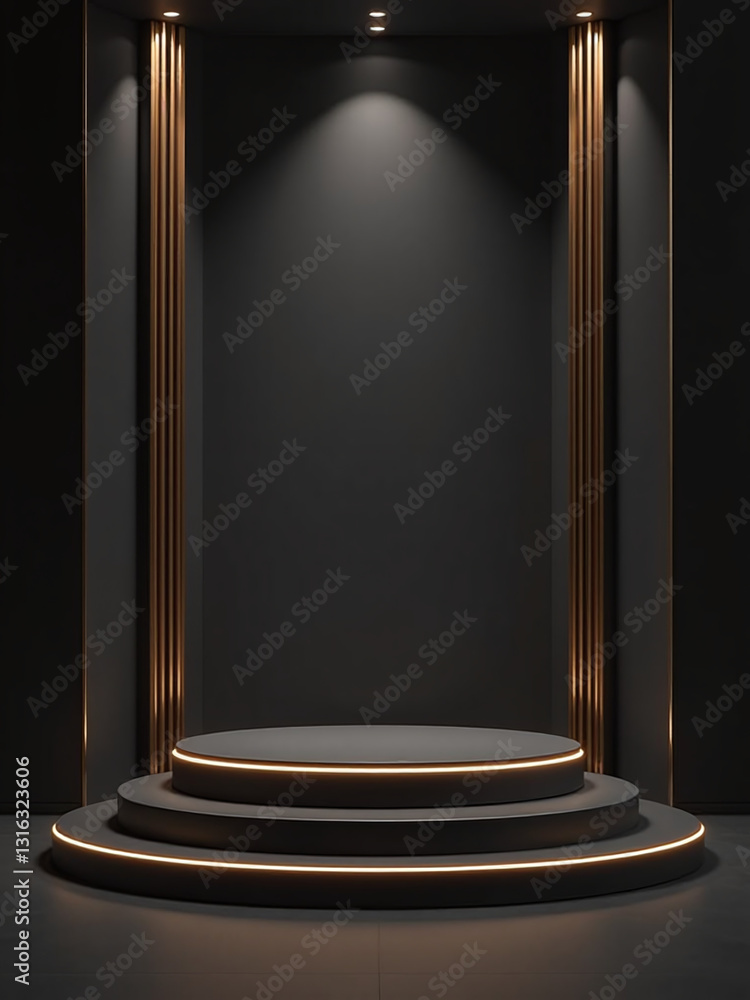 Elegant Mockup Features A Black, Dark, And Gold Luxury Podium With A Premium Modern Round Showcase And Spotlights. Elegant Mockup Features A Black, Dark, And Gold Luxury Podium With A Premium Modern Round Showcase And Spotlights.