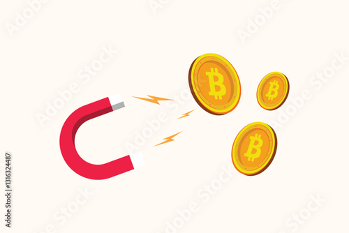 magnet attracts bitcoins. Crypto bitcoin digital money concept. Flat design vector illustration isolated. Minimalist flat design
