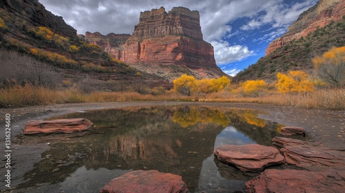 Autumnal Canyon Reflection: Red Rocks and Golden Trees Mirrored in Still Water