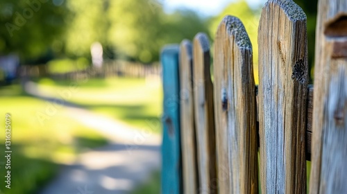 View through a wooden fence (blur for text). 