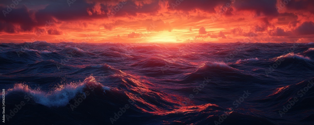 Fototapeta premium A breathtaking aerial view captures a vibrant sunset over a vast expanse of water, with hues of orange, pink, and purple reflecting on the surface, creating a serene and tranquil atmosphere.