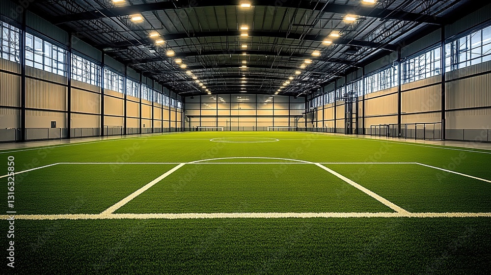 Fototapeta premium A large indoor soccer field with green grass, white lines, and lighting in the middle of an industrial building.
