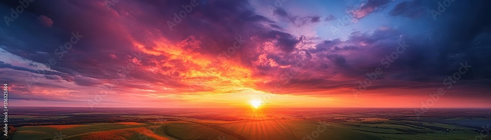 Fototapeta premium A breathtaking aerial view captures a vibrant sunset casting warm hues over a sprawling field, where a majestic horse grazes peacefully, silhouetted against the colorful sky.