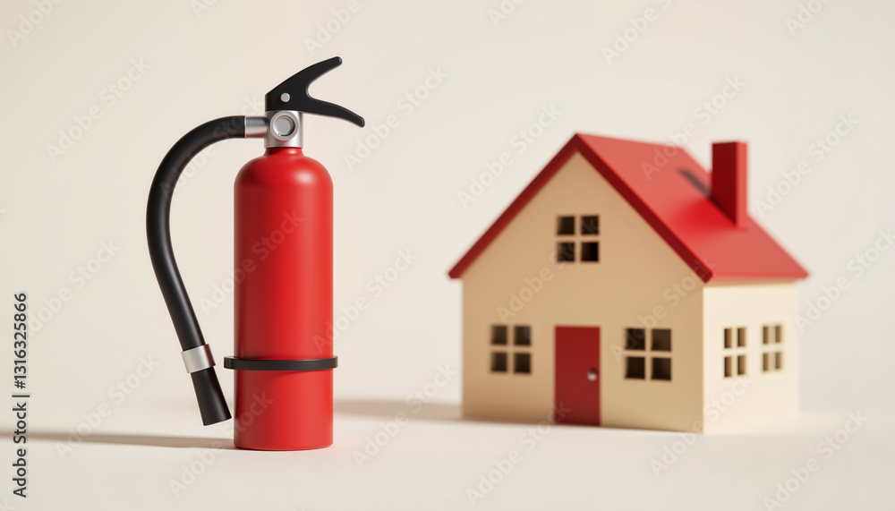 Obraz premium Fire extinguisher near miniature house on neutral background