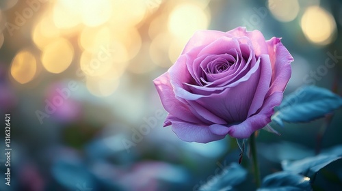 A beautiful lavender rose displays its velvety petals while surrounded by lush green leaves, glowing softly in the warm light of a serene evening. Nature's elegance shines in this tranquil setting