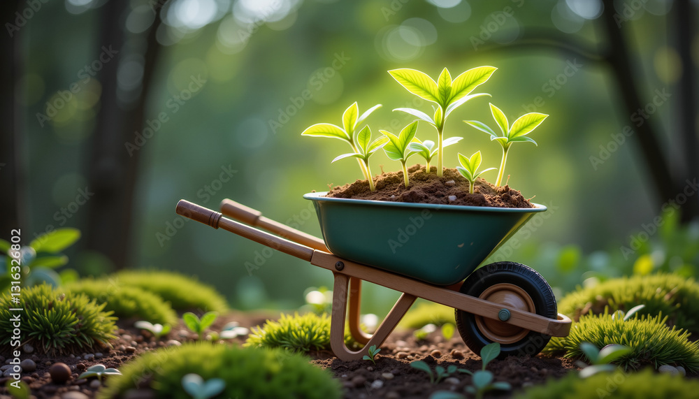 Green wheelbarrow with seedlings in forest with sunlight Green wheelbarrow with seedlings in forest with sunlight