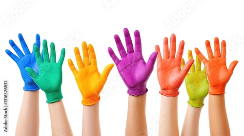 Hands raised in colorful gloves on white background.