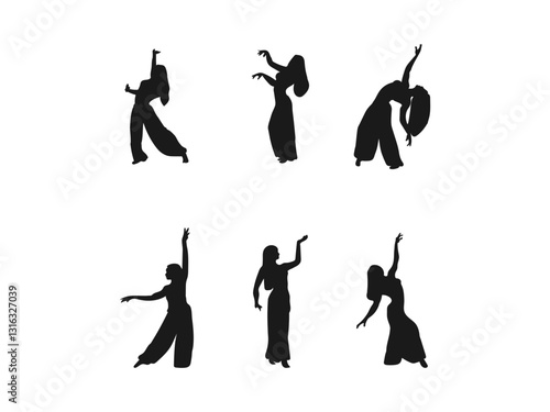 Set of silhouettes of dancers of belly dance. young girl dances east dance on stage. Silhouette of girl dancing Arabic dance. Set of silhouettes. Vector illustration on a white background. 