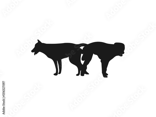 Silhouette of Two Dogs Mating. Animals in Mating Positions. A simple, black silhouette image of two dogs engaged in mating behavior. vector on a white background.