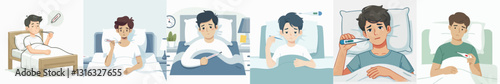 Vector of a person sick with high fever in bed