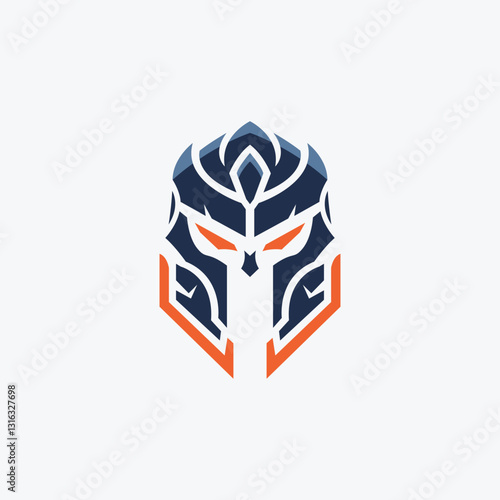 A futuristic warrior helmet logo with sharp, angular edges, glowing orange eyes, and a sleek, modern aesthetic. The design combines medieval armor with a cyberpunk and esports-inspired style.