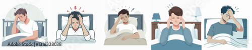 Vector of a person having a headache in bed