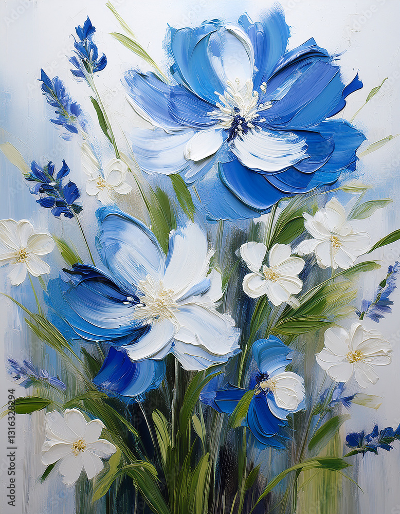 Obraz premium Abstract oil painting of beautiful blue and white blooming flowers on white canvas. Botanical art.