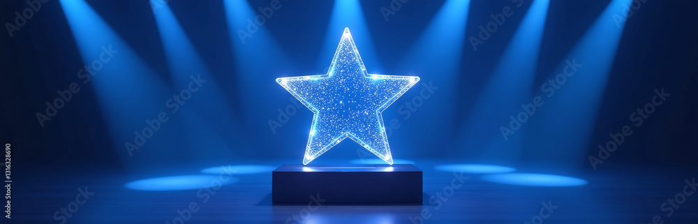Bright Blue Spotlights Illuminate A Sparkly 3d Star Stand Perfect For Award Ceremonies, Celebrations And Recognition Events. Bright Blue Spotlights Illuminate A Sparkly 3d Star Stand Perfect For Award Ceremonies, Celebrations And Recognition Events.