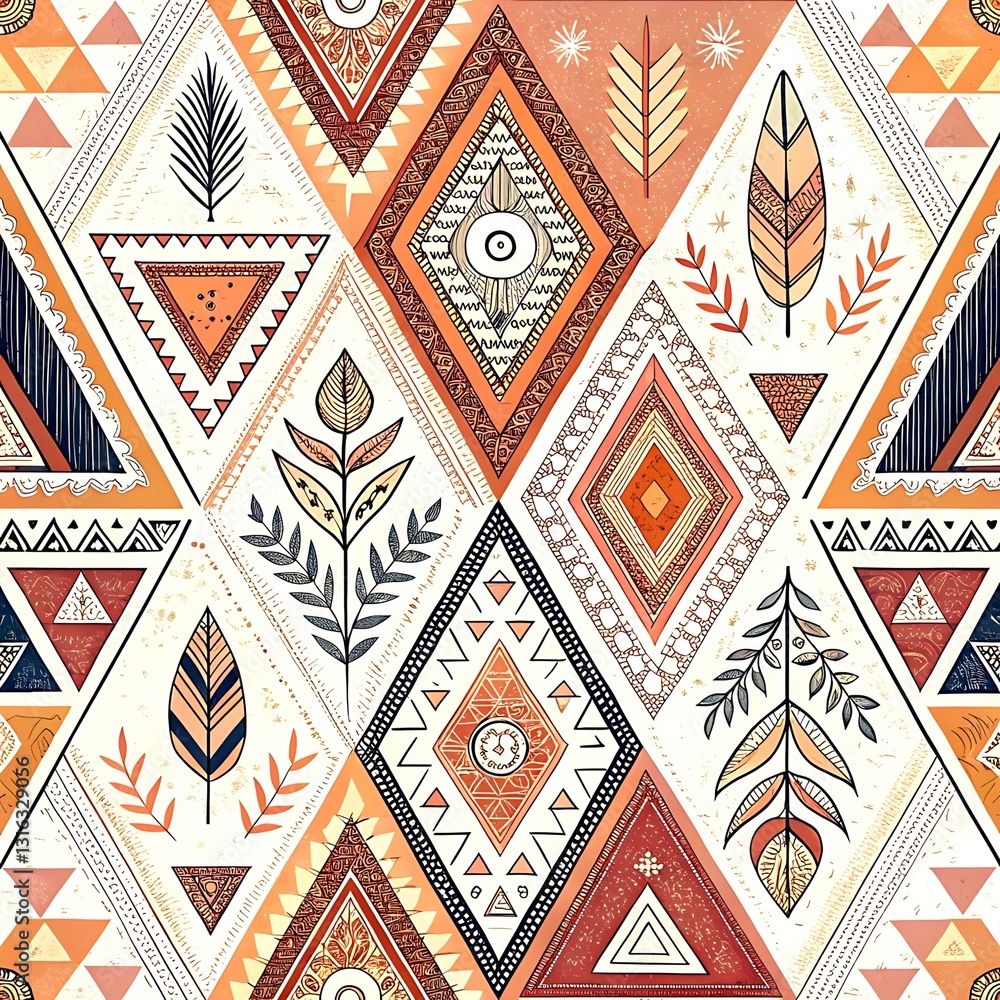 Geometric tribal pattern seamless design with autumnal colors and floral elements art boho hand style Geometric tribal pattern seamless design with autumnal colors and floral elements art boho hand style