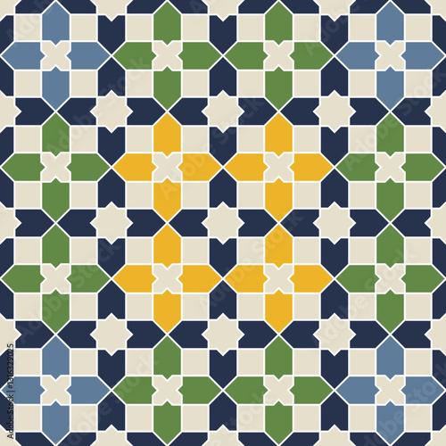 Vector Moorish mosaic tile design series in traditional Islamic style. Retro ornamental symmetrical element in Arabian culture.
