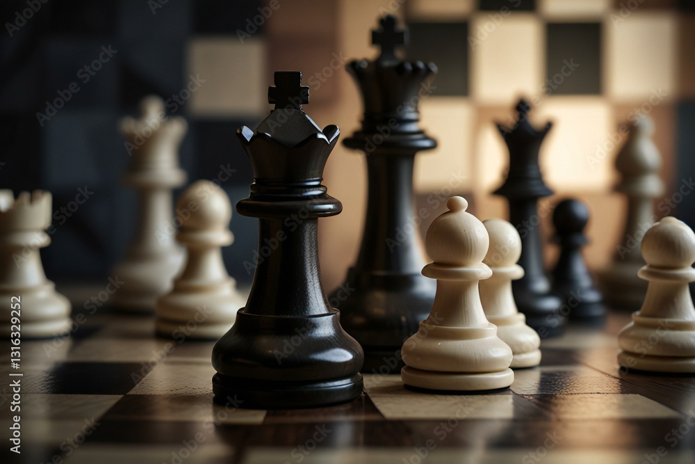 Strategic Chess Pieces on Geometric Chessboard Background Strategic Chess Pieces on Geometric Chessboard Background