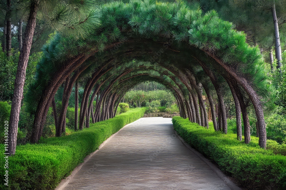 A lush woodland path where pine trees form a natural green tunnel overhead.