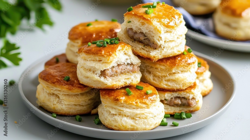 Delicious golden puff pastry vol au vents filled with savory meat served on plate with green onion topping Delicious golden puff pastry vol au vents filled with savory meat served on plate with green onion topping