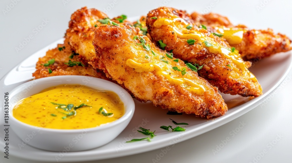 Delicious Crispy Chicken Strips with Honey Mustard Sauce in a White Plate for Appetizing Meals Delicious Crispy Chicken Strips with Honey Mustard Sauce in a White Plate for Appetizing Meals