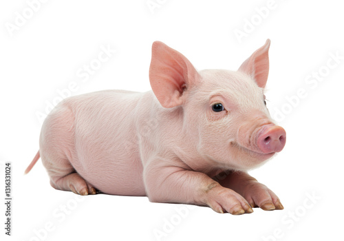 Isolated Adorable Pink Piglet Lying Down