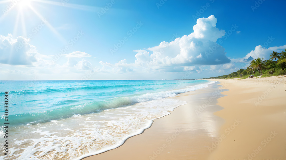 Serene Sandy Beach with Gentle Waves Bright Blue Sky and Golden Sunlight for Relaxation - Bank Holidays Serene Sandy Beach with Gentle Waves Bright Blue Sky and Golden Sunlight for Relaxation - Bank Holidays