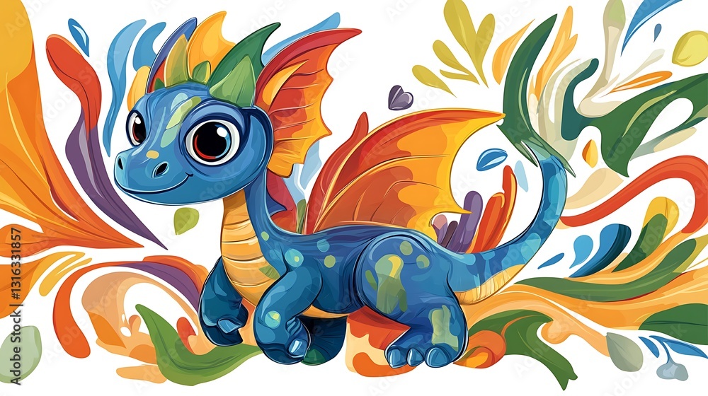 Obraz premium Vibrant Rainbow Dragon Illustration: A Whimsical Digital Painting AI Generated