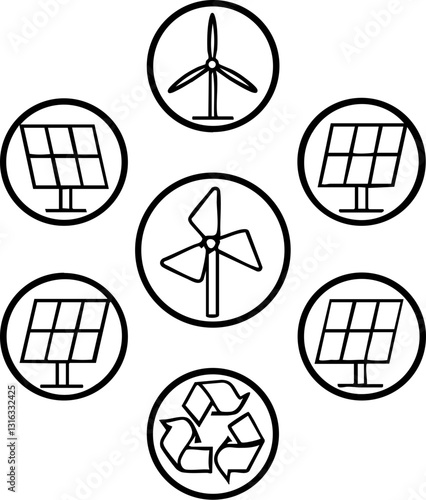 A collection of renewable energy icons, including solar panels, wind turbines, and recycling symbols, promoting sustainable energy practices.