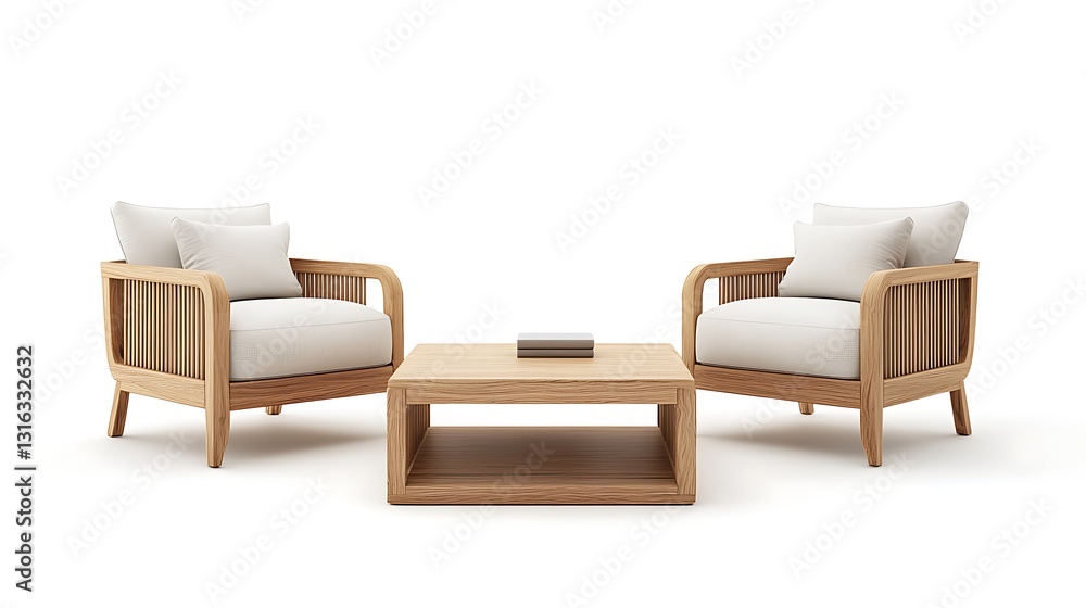 Obraz premium Light Wood Lounge Set: 3D Render of Modern Outdoor Chairs and Coffee Table AI Generated