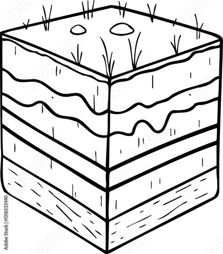 A cross-section illustration of soil layers, featuring grass on top and various sediments below, highlighting the earth's structure.