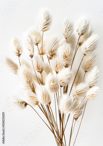 Hyper Realistic Photograph of Dried Grassy Bouquet with Bunny Tails in Neutral Tones on White Background