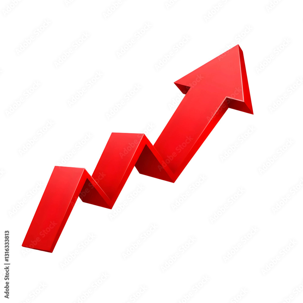 Red Upward Arrow Graph Indicating Growth, Cut-Out Red Upward Arrow Graph Indicating Growth, Cut-Out