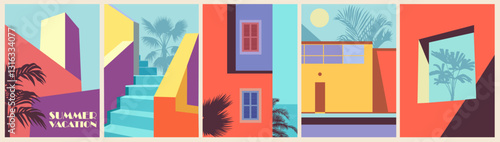 Summer Vacation abstract architectural poster. Vector landscape illustration with colorful building, sea view. Summer holidays, vacation, travel. Modern minimalist design, card, cover, banner, flyer