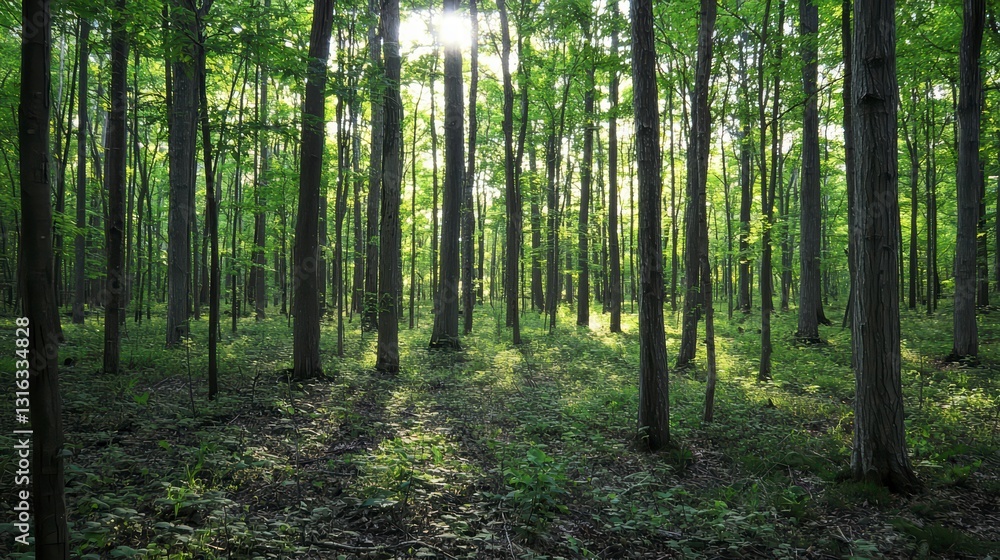 Sunlight through Canopy: An ethereal forest scene with the sun filtering through the dense canopy of tall trees, creating a mesmerizing display of light and shadow. Sunlight through Canopy: An ethereal forest scene with the sun filtering through the dense canopy of tall trees, creating a mesmerizing display of light and shadow.