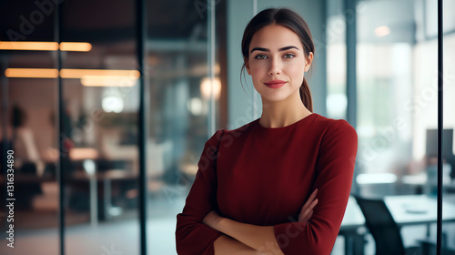 Portrait of bussines girl or manager at a team planning, collaboration and strategy business meeting. Woman empowerment, leadership and management at a marketing office of a startup corporate company