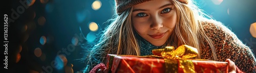 Wallpaper Mural Joyful Girl Holding Wrapped Gift in Festive Winter Atmosphere Torontodigital.ca