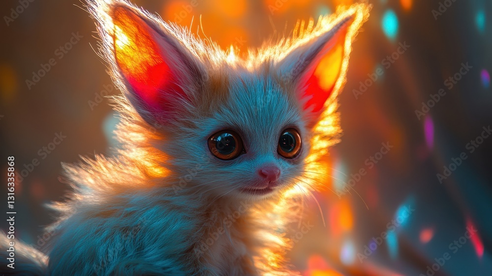 A tiny, fluffy creature with oversized ears and a mischievous glint in its eyes, its fur a kaleidoscope of colors that blend seamlessly with the shadows. A tiny, fluffy creature with oversized ears and a mischievous glint in its eyes, its fur a kaleidoscope of colors that blend seamlessly with the shadows.