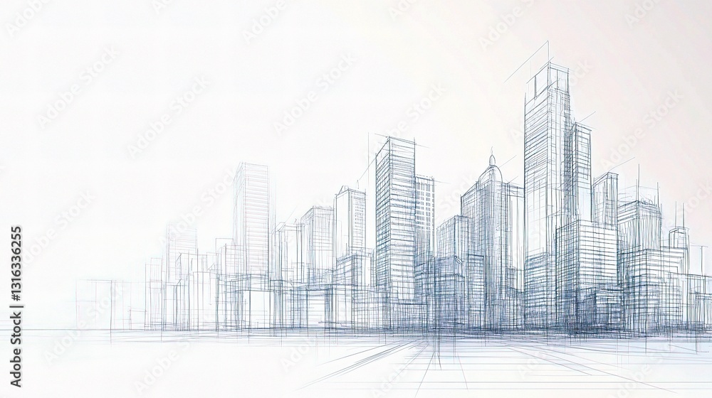 Fototapeta premium Architectural Sketch of a Modern City Skyline with Lines and Scale