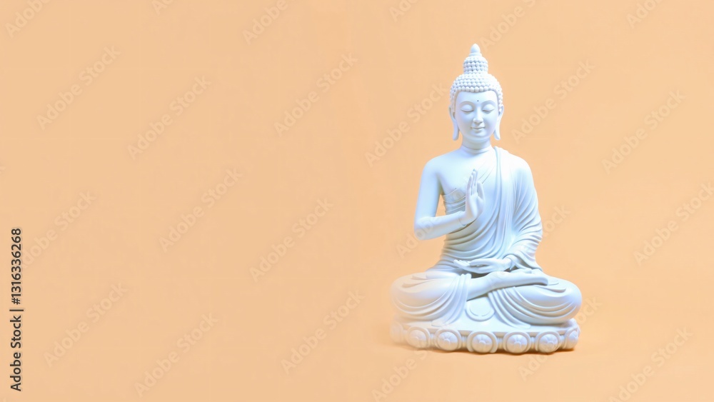 Serene White Buddha Statue on Peach Background, Meditation, Mindfulness, Peace Serene White Buddha Statue on Peach Background, Meditation, Mindfulness, Peace