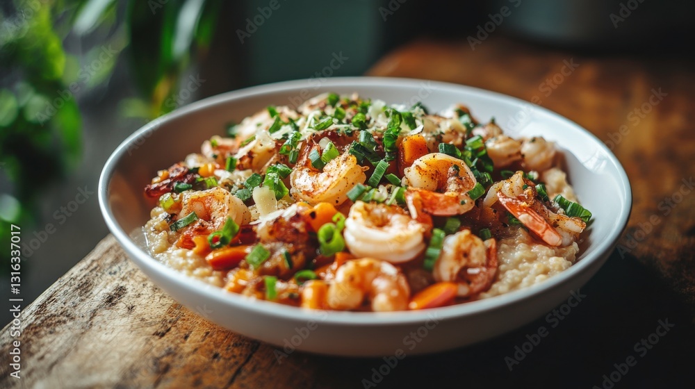 Cheddar Grits with Shrimp and Green Onions in Bowl Cheddar Grits with Shrimp and Green Onions in Bowl