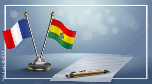 France and Bolivia National flags on small table with bokeh background, cooperative relationship. Template vector Illustration