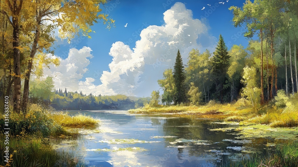 Fototapeta premium Serene lake surrounded by lush green trees.