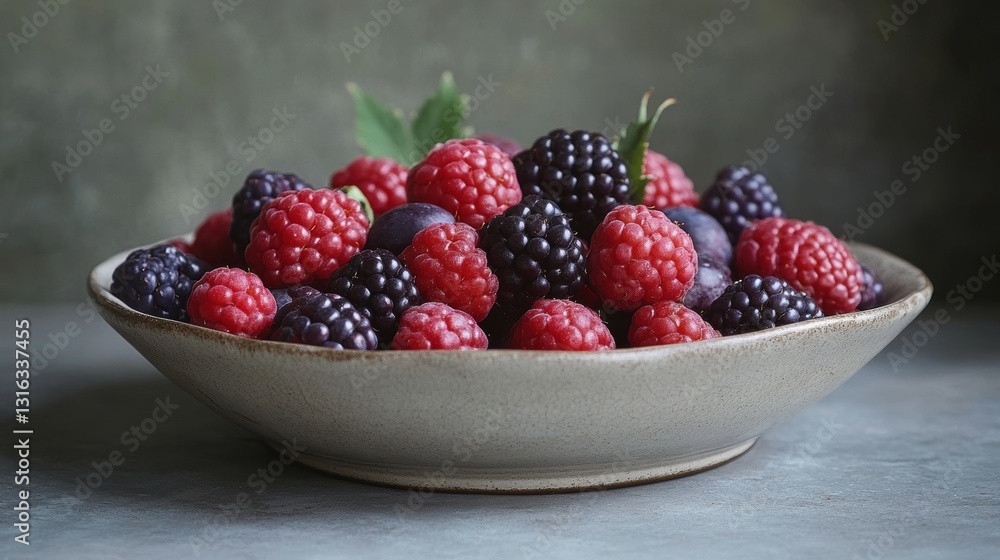 Berries in Bowl: Raspberries Blackberries Plums Berries in Bowl: Raspberries Blackberries Plums