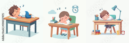 Vector of a child falling asleep while studying