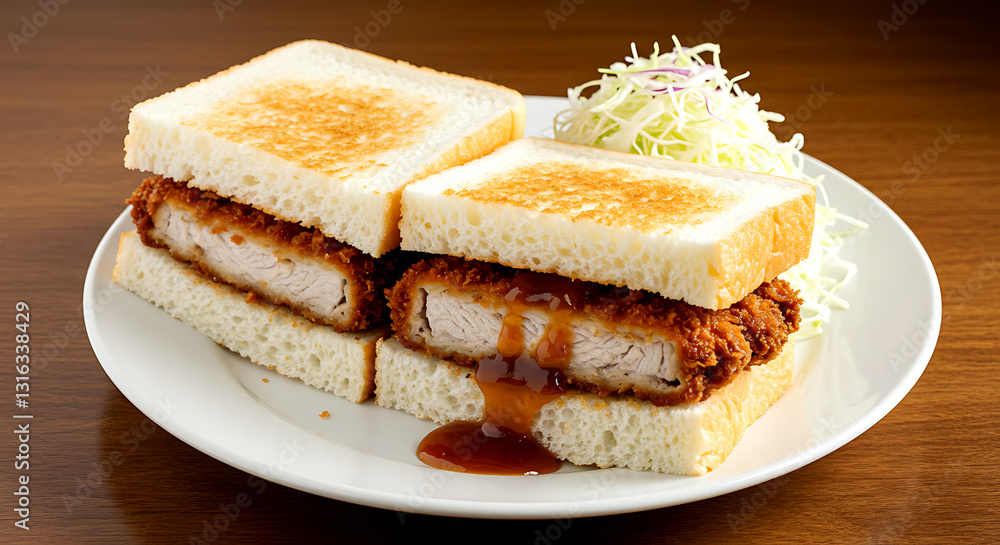 Japanese katsu sando with soft white bread, breaded pork cutlet, and tonkatsu sauce Japanese katsu sando with soft white bread, breaded pork cutlet, and tonkatsu sauce